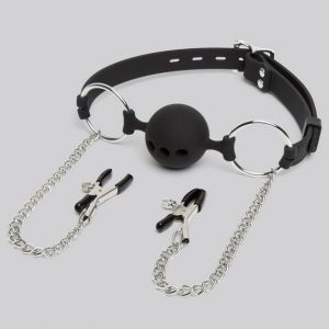 DOMINIX Deluxe Large Breathable Ball Gag with Nipple Clamps