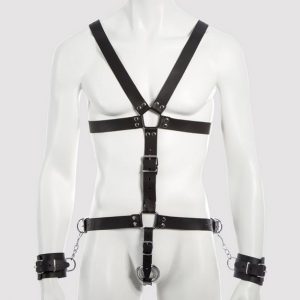DOMINIX Deluxe Leather Body Harness with Cock Ring and Wrist Cuffs