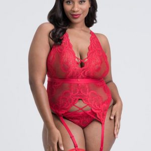 Lovehoney Plus Size Beau Red Lace Basque Set