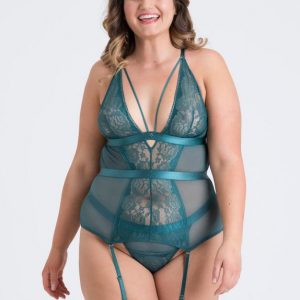 Lovehoney Plus Size Moonflower Emerald Green Lace Strappy Basque Set