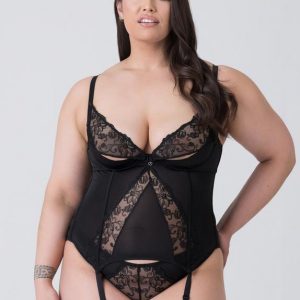 Lovehoney Plus Size Lotus Black Sheer Embroidered Basque Set