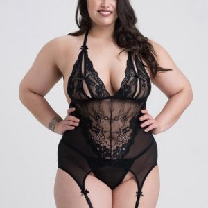 Lovehoney Plus Size Peek-a-Boo Black Lace Merry Widow Bustier Set