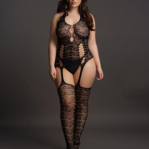 Le Desir Plus Size Halterneck Lace Suspender Bodystocking with Criss Cross Detai